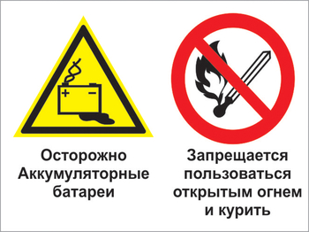 Кз 33 осторожно - аккумуляторные батареи. запрещается пользоваться открытым огнем и курить. (пластик, 400х300 мм) - Знаки безопасности - Комбинированные знаки безопасности - магазин "Охрана труда и Техника безопасности"